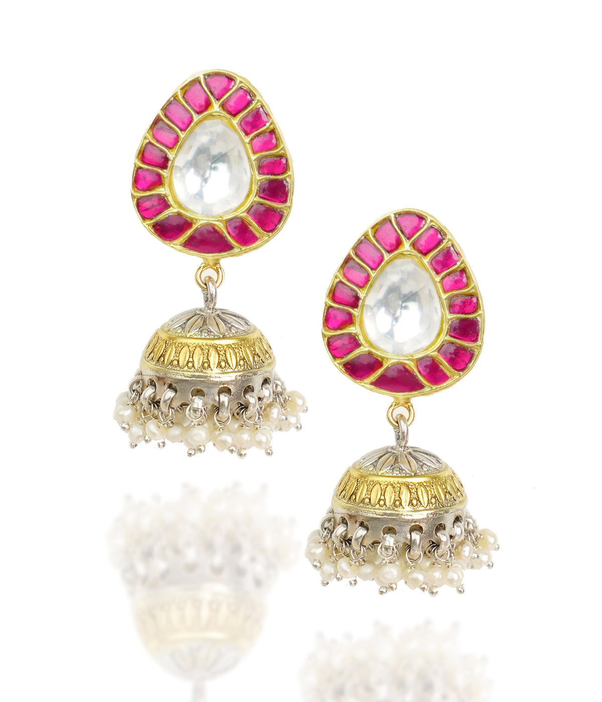 925 Silver Gold Plated White and Red Kundan Paan Jhumki Earrings view 1