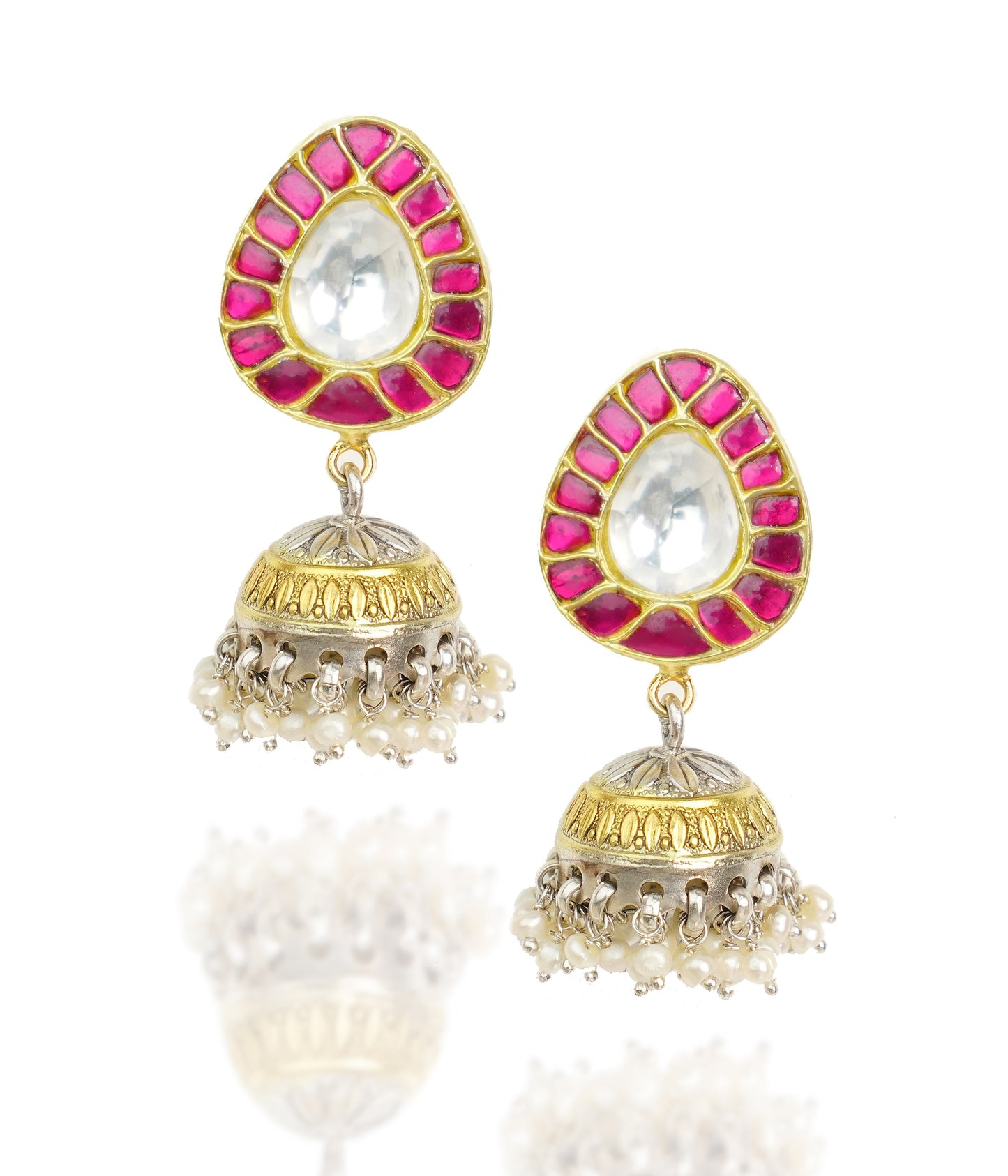 925 Silver Gold Plated White and Red Kundan Paan Jhumki Earrings