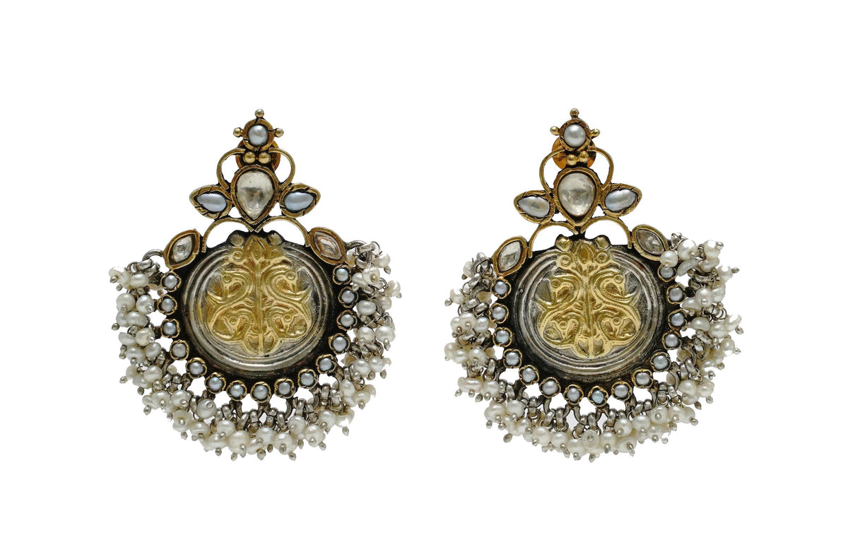 925 Silver Two Tone Earrings with Pearls and Kundan view 3