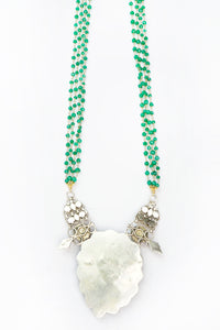 Silver Two Tone Necklace with Green Stone and Emerald Beads view 3