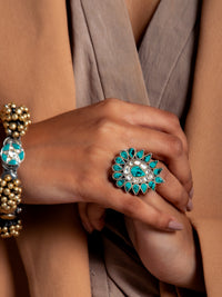 Silver Turquoise Kundan Adjustable Ring view 3