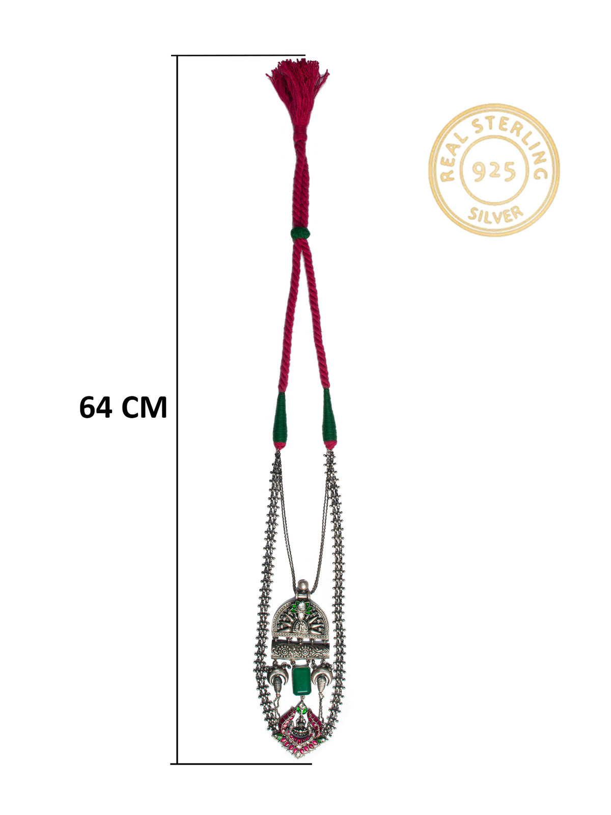 925 Sterling Silver Necklace With Green Onyx Gemstone and Green, Pink and White Kundan view 4
