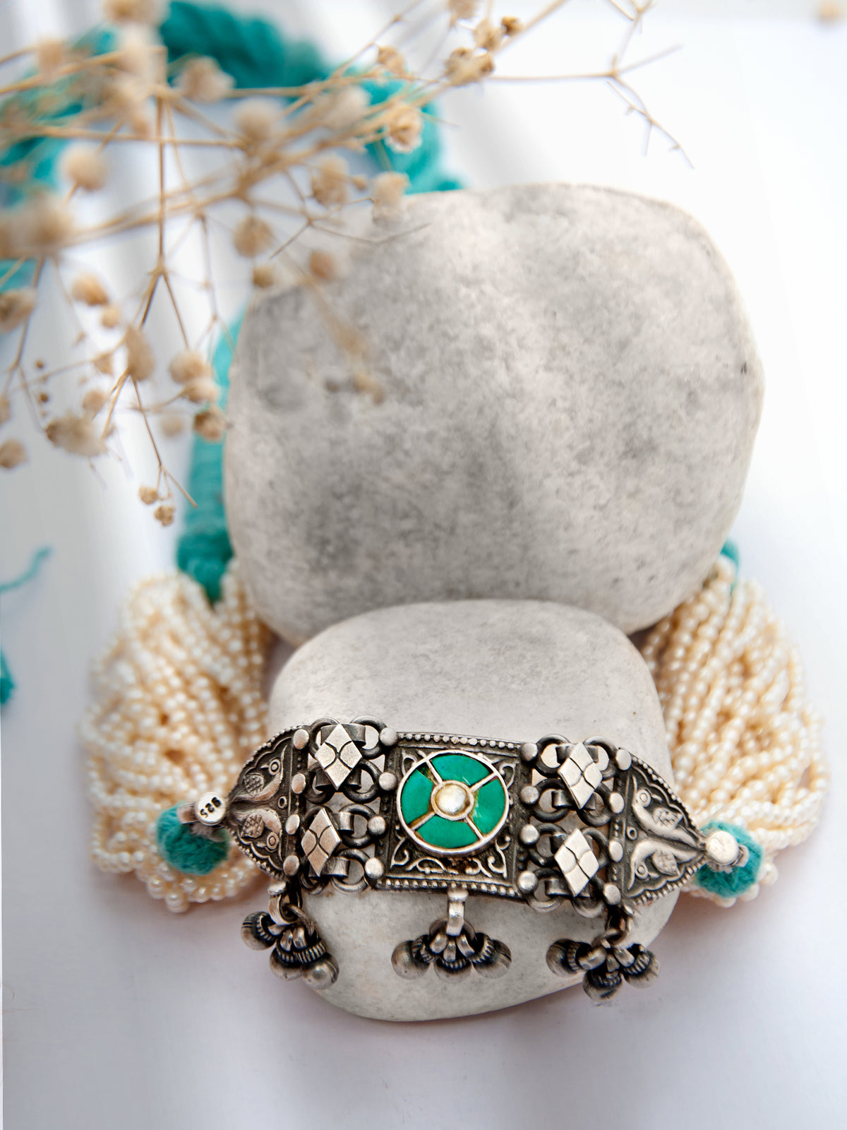 Silver Pearl Turquoise Kundan Choker view 1