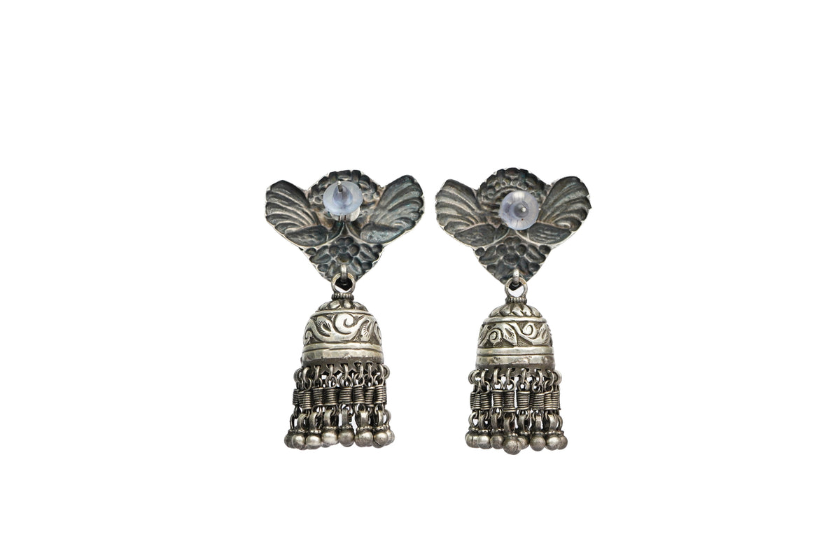 Tribal Twin Peackcok Silver Earrings with Jhumki view 2