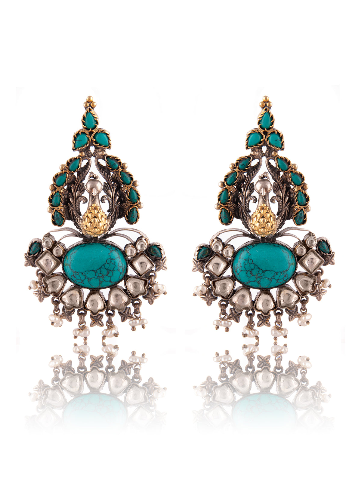 Aurora Peacock Turquoise Statement Earrings with Kundan view 3