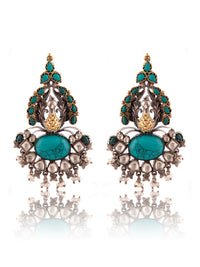 Aurora Peacock Turquoise Statement Earrings with Kundan view 3