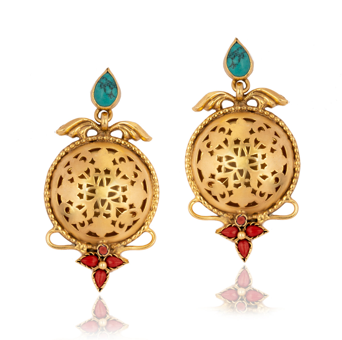 925 Sterling Silver Gold Plated Carved Earrings with Turquoise and Red Coral view 1