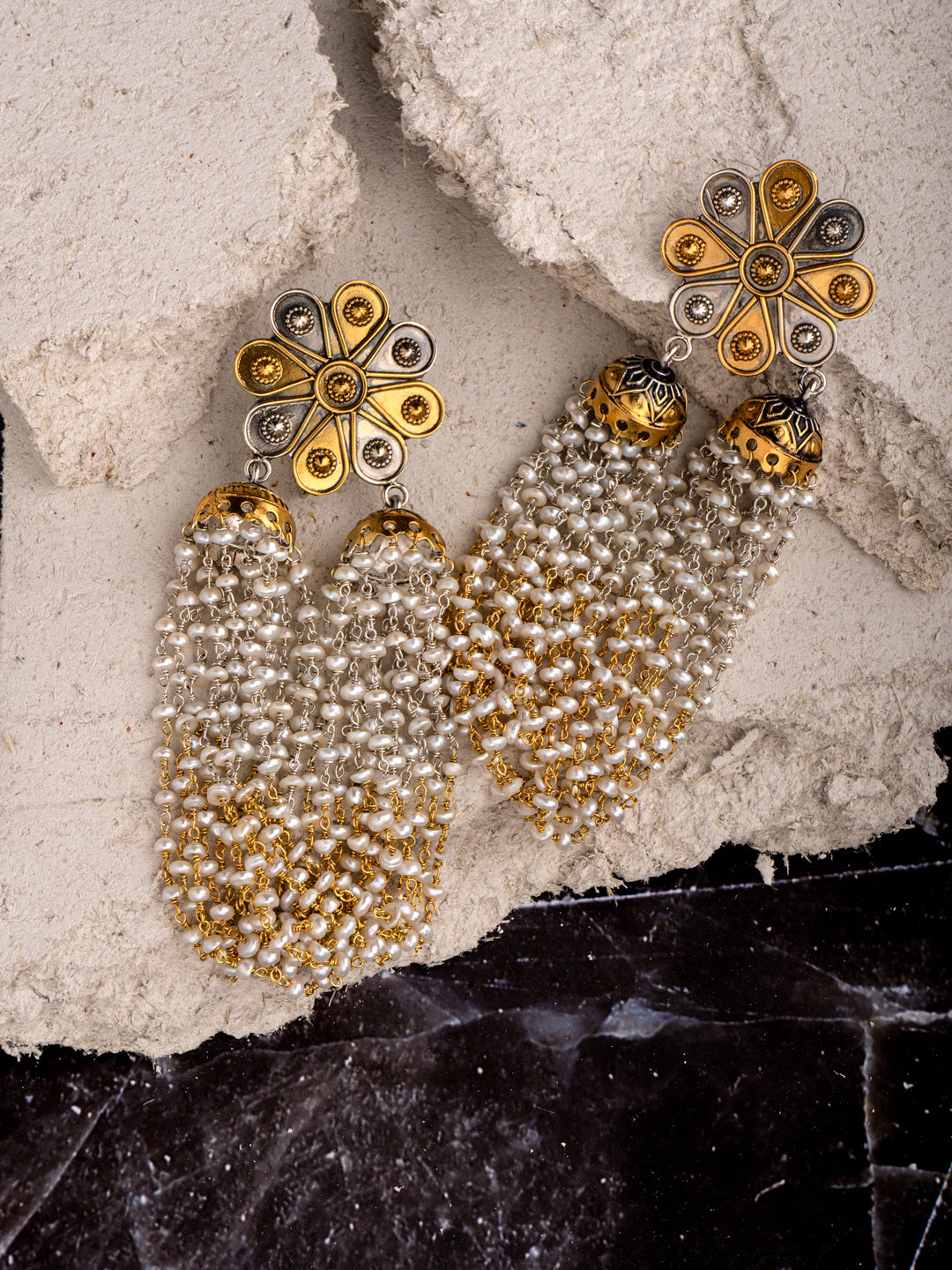 925 Sterling Silver Two Tone Double Jhumki Fusion Earringss view 3