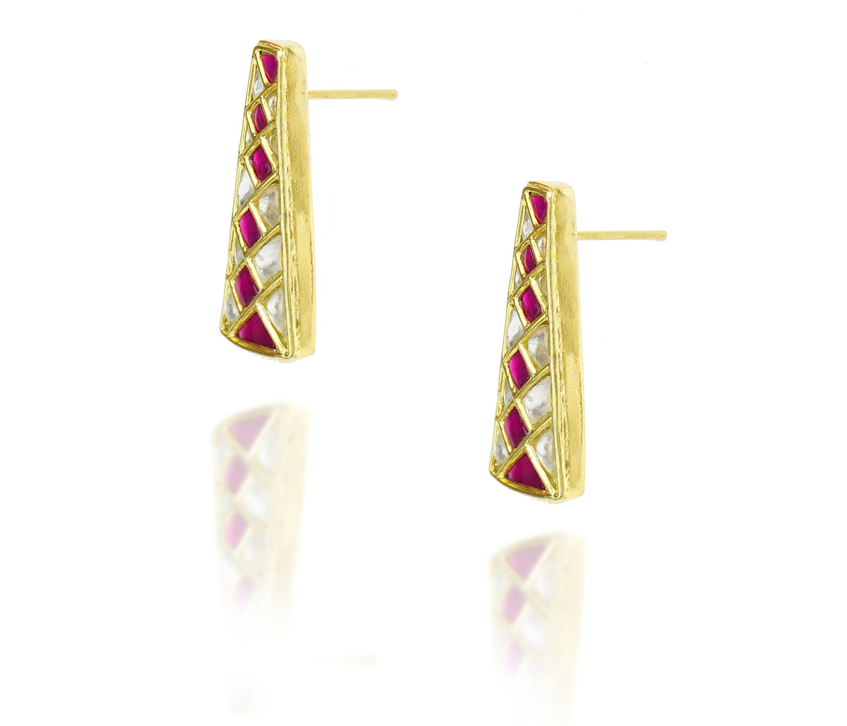 925 Silver Gold Plated White and Red Kundan Trapezium Studs view 2