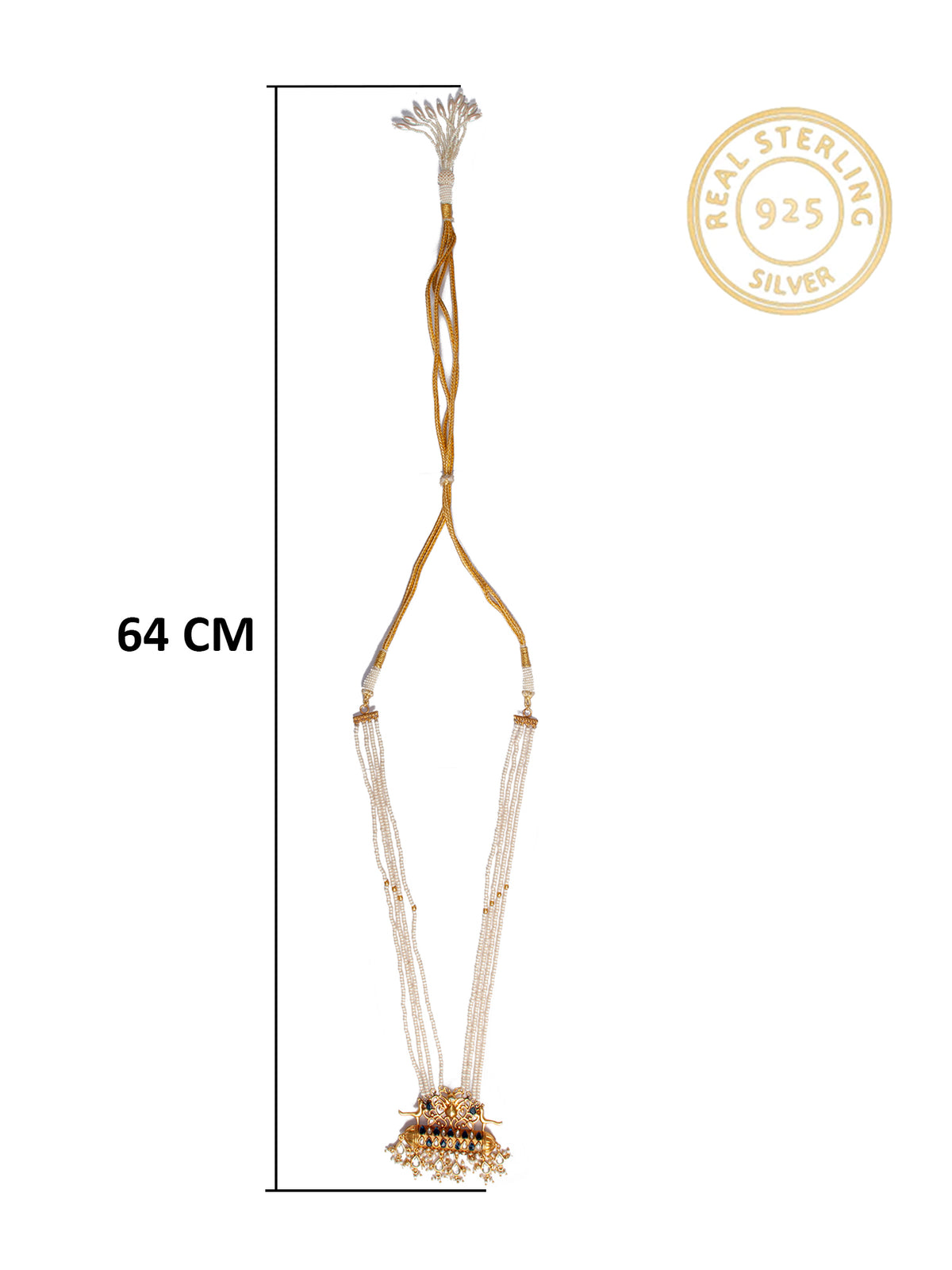 925 Sterling Silver 22K Gold Plated Pearl Beaded Necklace With Blue and White Kundan view 5