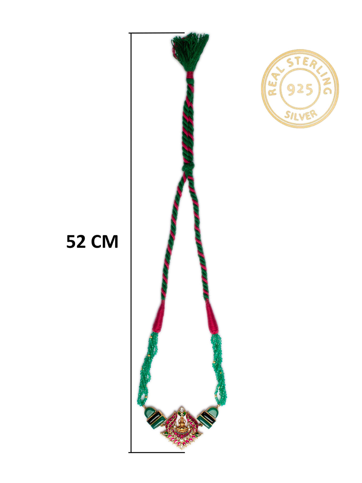 925 Sterling Silver 22K Gold Plated Green Onyx, Black Onyx Gemstone Necklace With Pink and White Kundan view 4