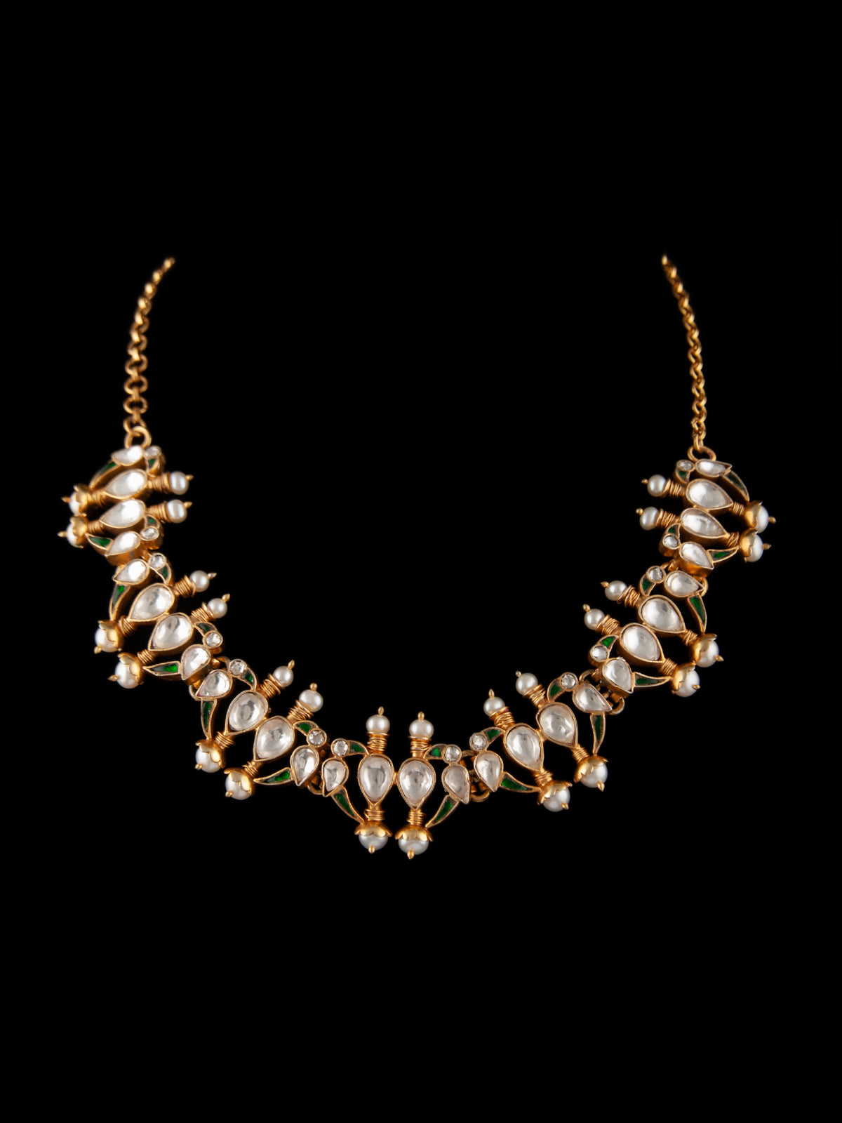 925 Sterling Silver 22K Gold Plated Parrot Necklace With White Kundan Green Kundan and Pearl view 6