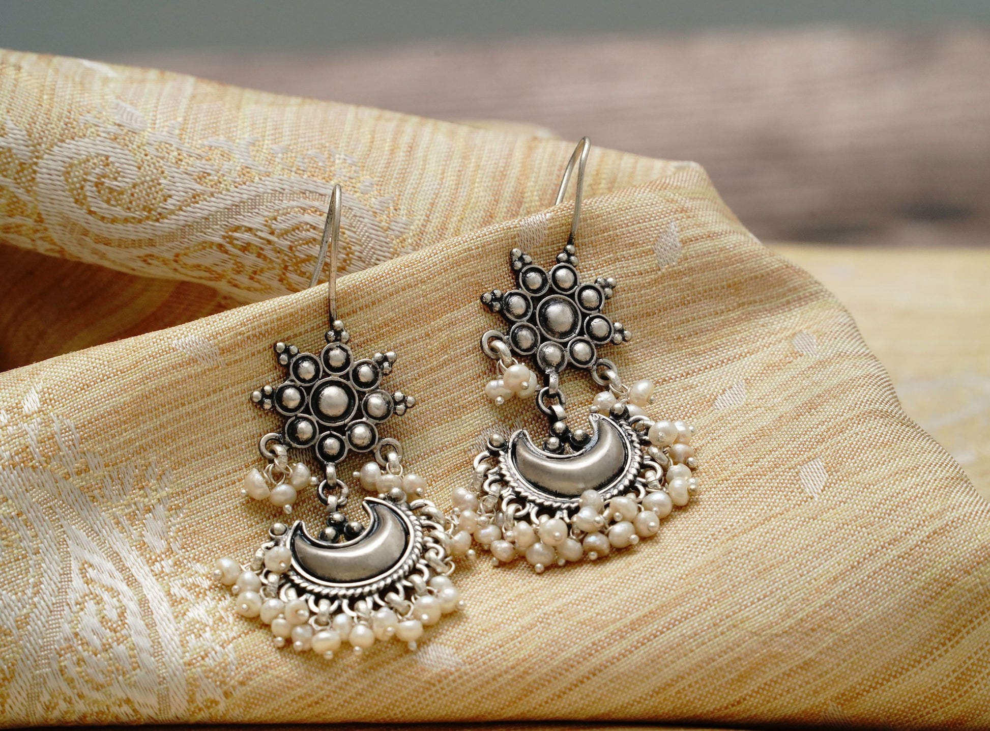 925 Silver Chaand Earrings with Pearls - Neeta Boochra Jewellery