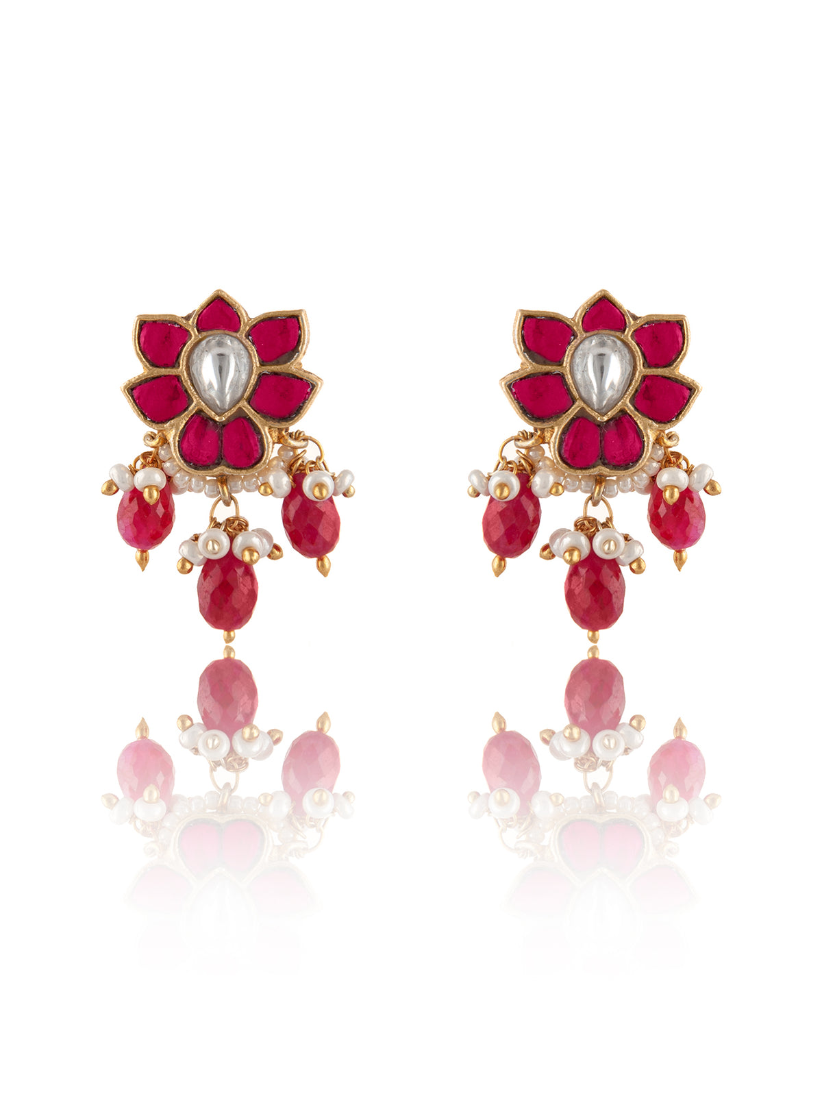 925 Sterling Silver Gold Plated Floral Kundan Earrings with Ruby Drops view 3