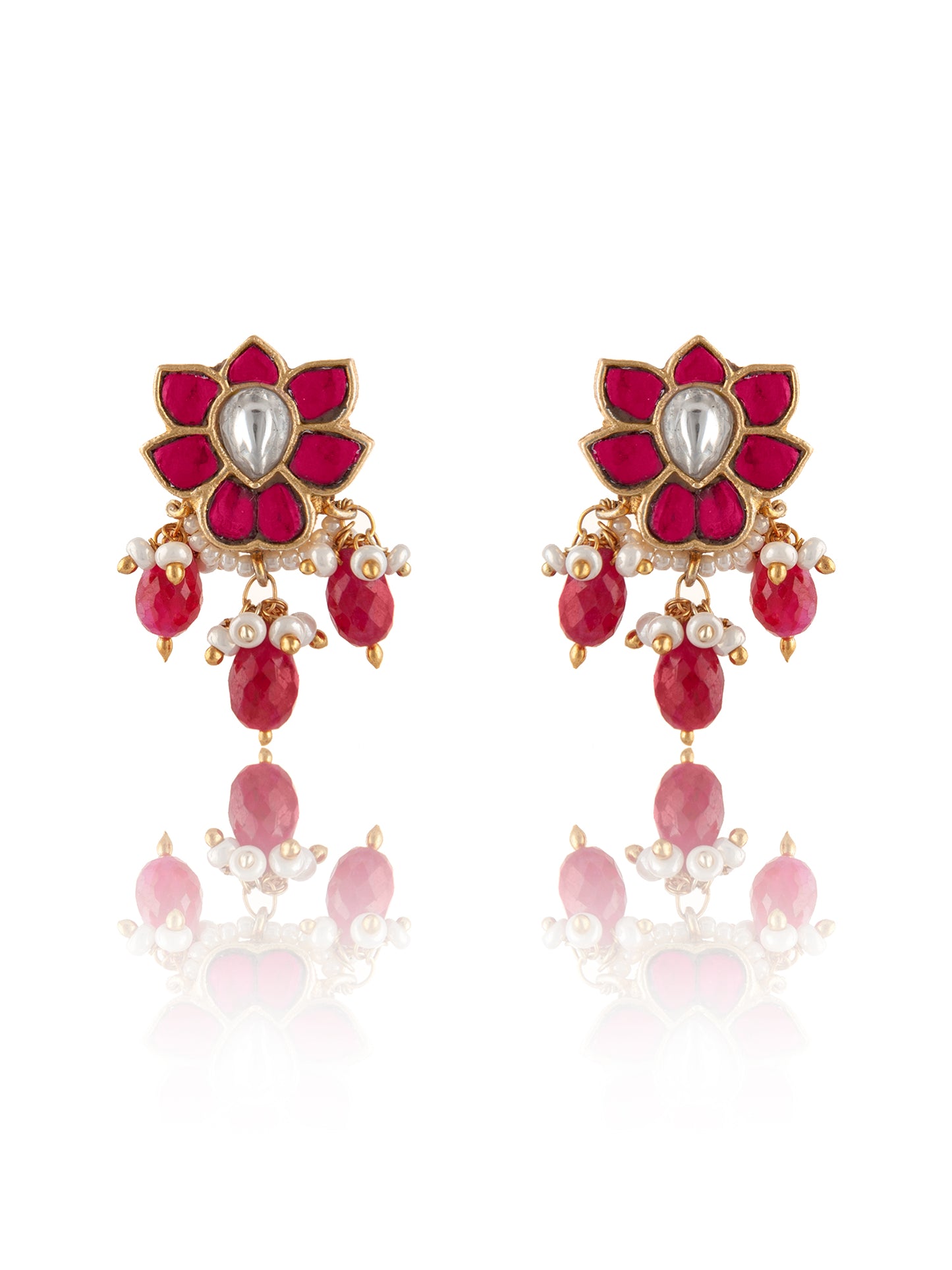 925 Sterling Silver Gold Plated Floral Kundan Earrings with Ruby Drops