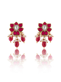 925 Sterling Silver Gold Plated Floral Kundan Earrings with Ruby Drops view 3