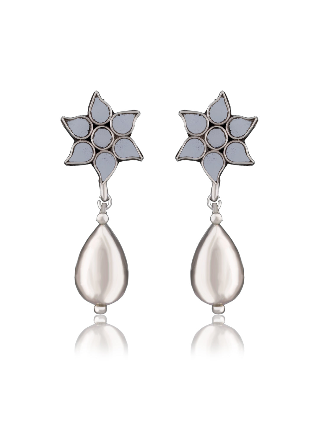 White Floral Glass Earrings with Silver Drop view 1