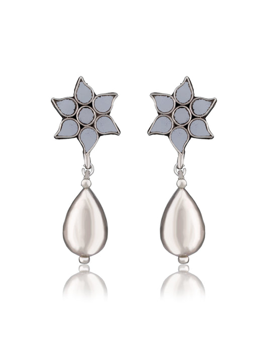 White Floral Glass Earrings with Silver Drop