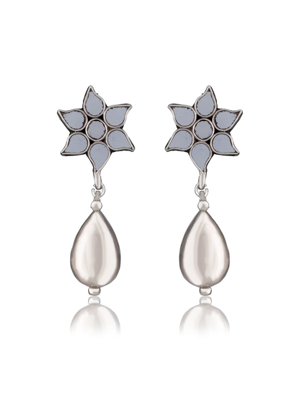 White Floral Glass Earrings with Silver Drop