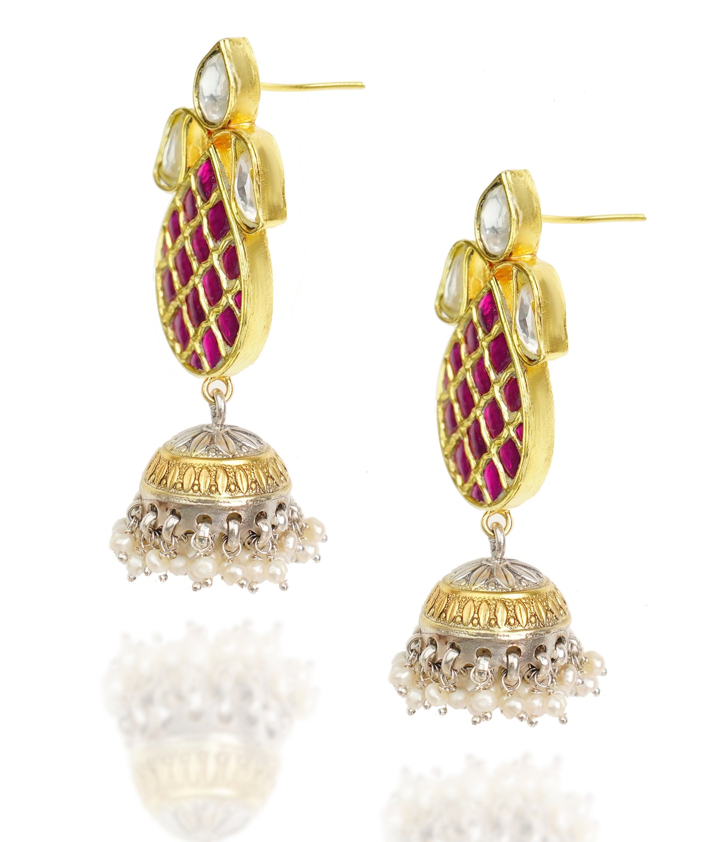 925 Silver Gold Plated White and Red Oval Jhumki Earrings - Neeta Boochra Jewellery