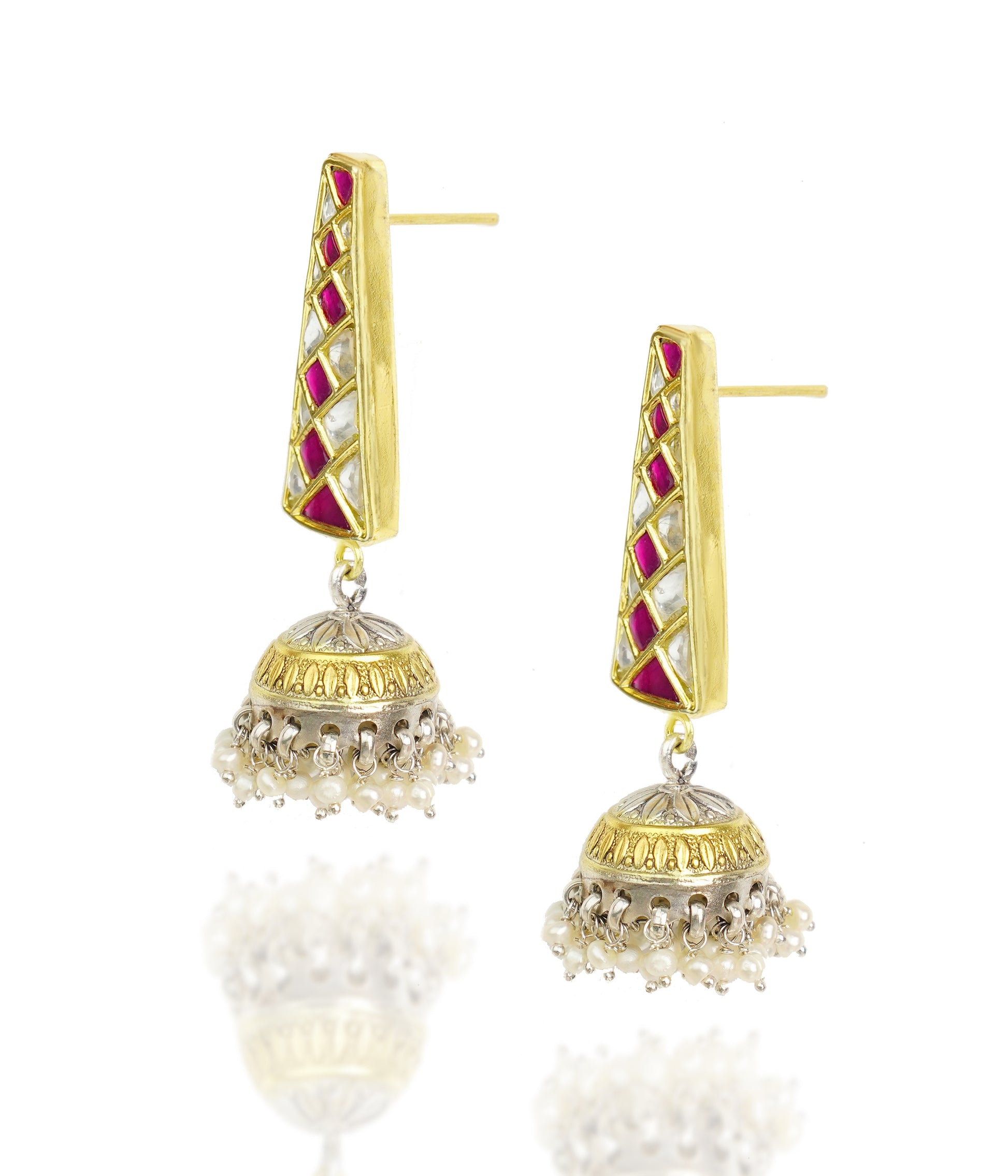 925 Silver Gold Plated White and Red Kundan Trapezium Jhumki Earrings - Neeta Boochra Jewellery