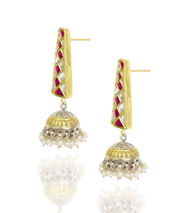 925 Silver Gold Plated White and Red Kundan Trapezium Jhumki Earrings alternate