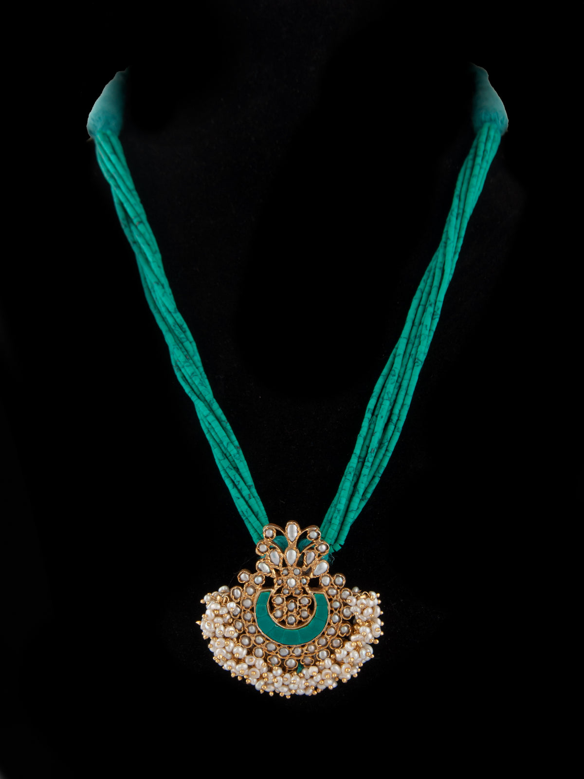 925 Sterling Silver 22K Gold Plated Green Turquoise Beaded Necklace With Pearl view 5