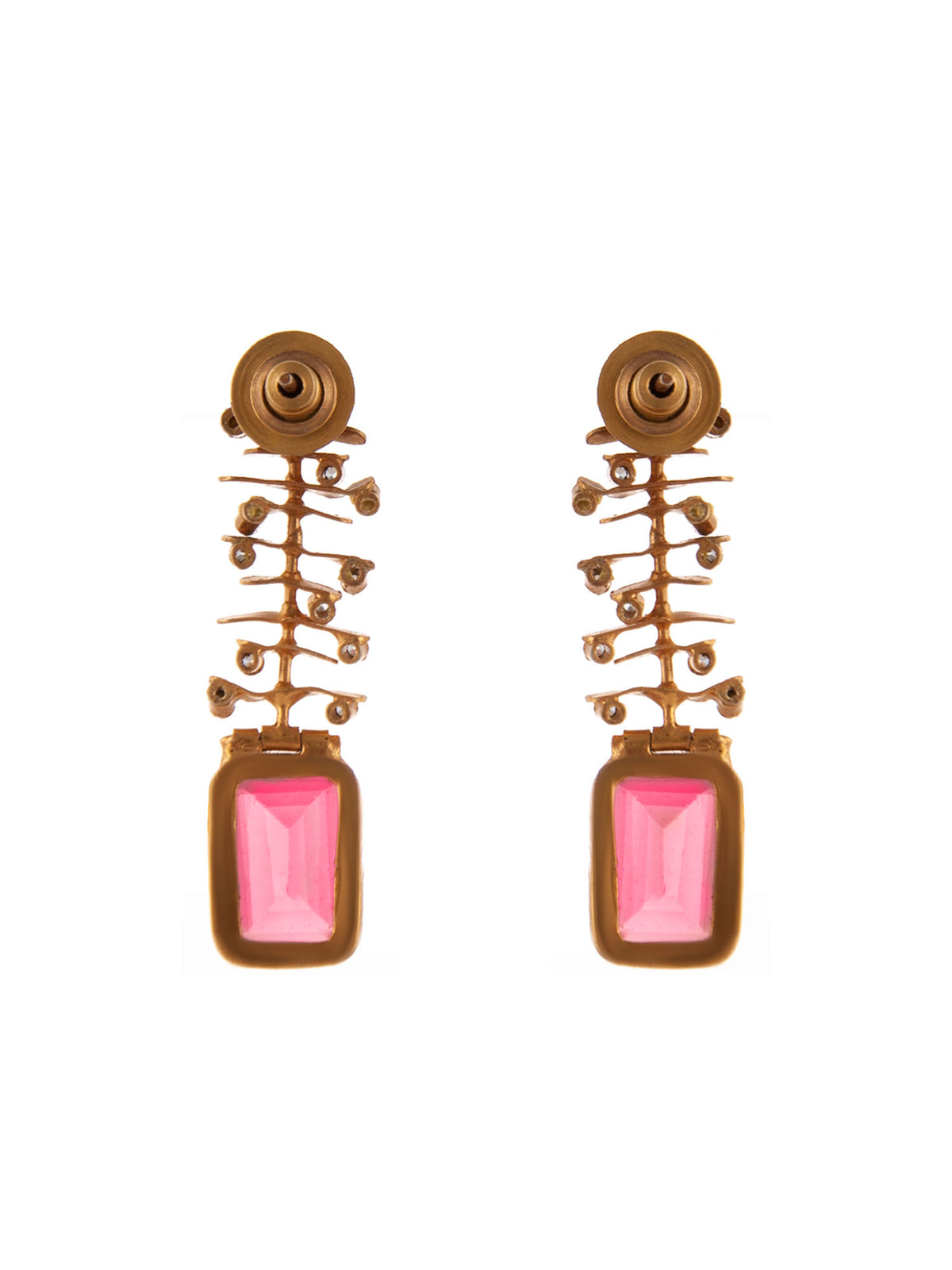 925 Sterling Silver 22K Gold Plated Pink Gemstone Danglers Earring With White Kundan view 3