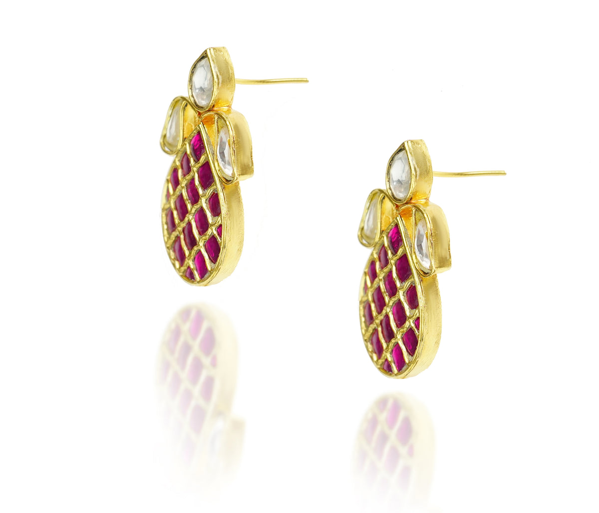925 Silver Gold Plated White and Red Kundan Oval Studs view 1