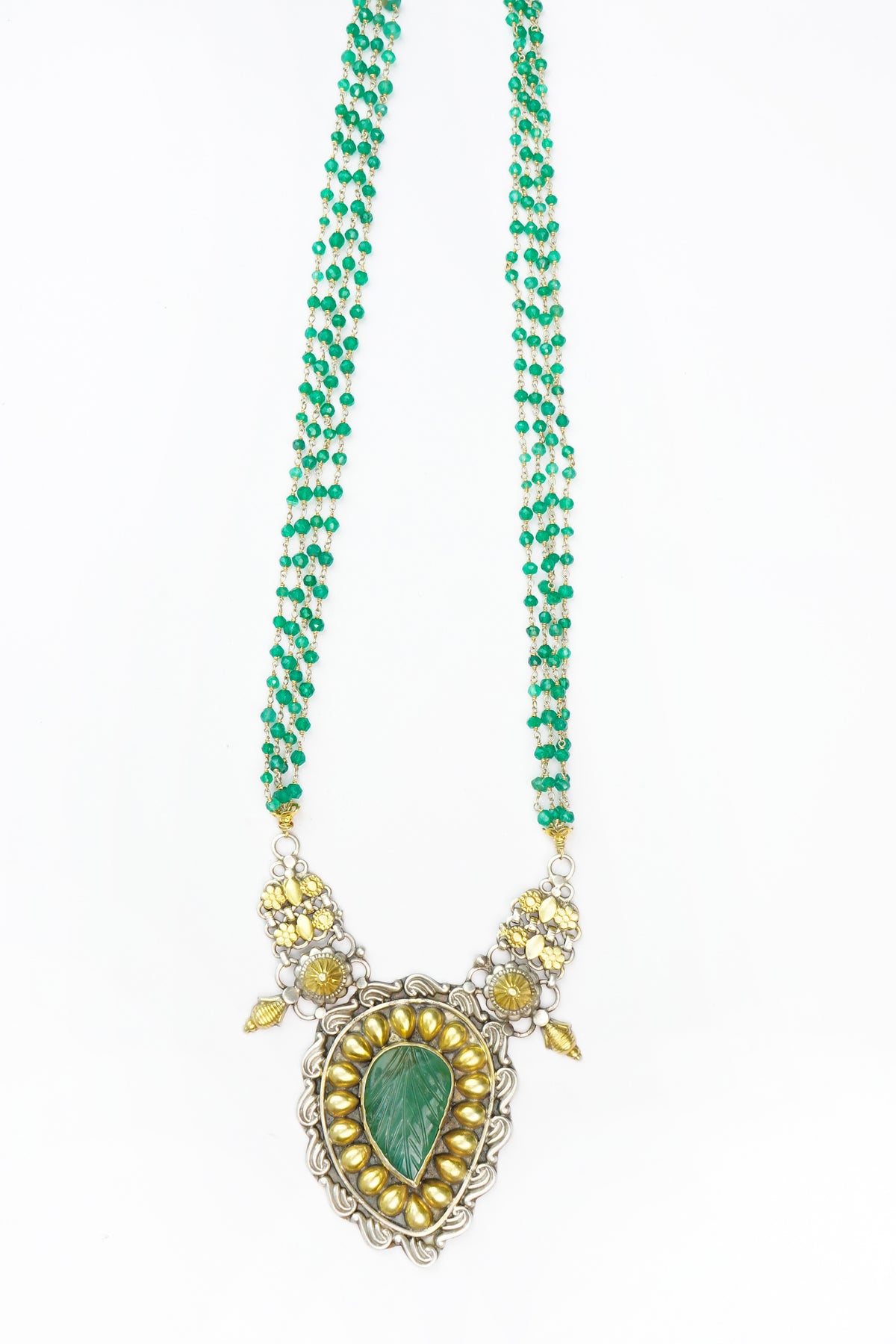 Silver Two Tone Necklace with Green Stone and Emerald Beads view 1
