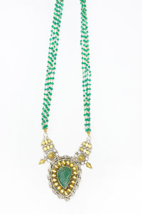 Silver Two Tone Necklace with Green Stone and Emerald Beads view 1