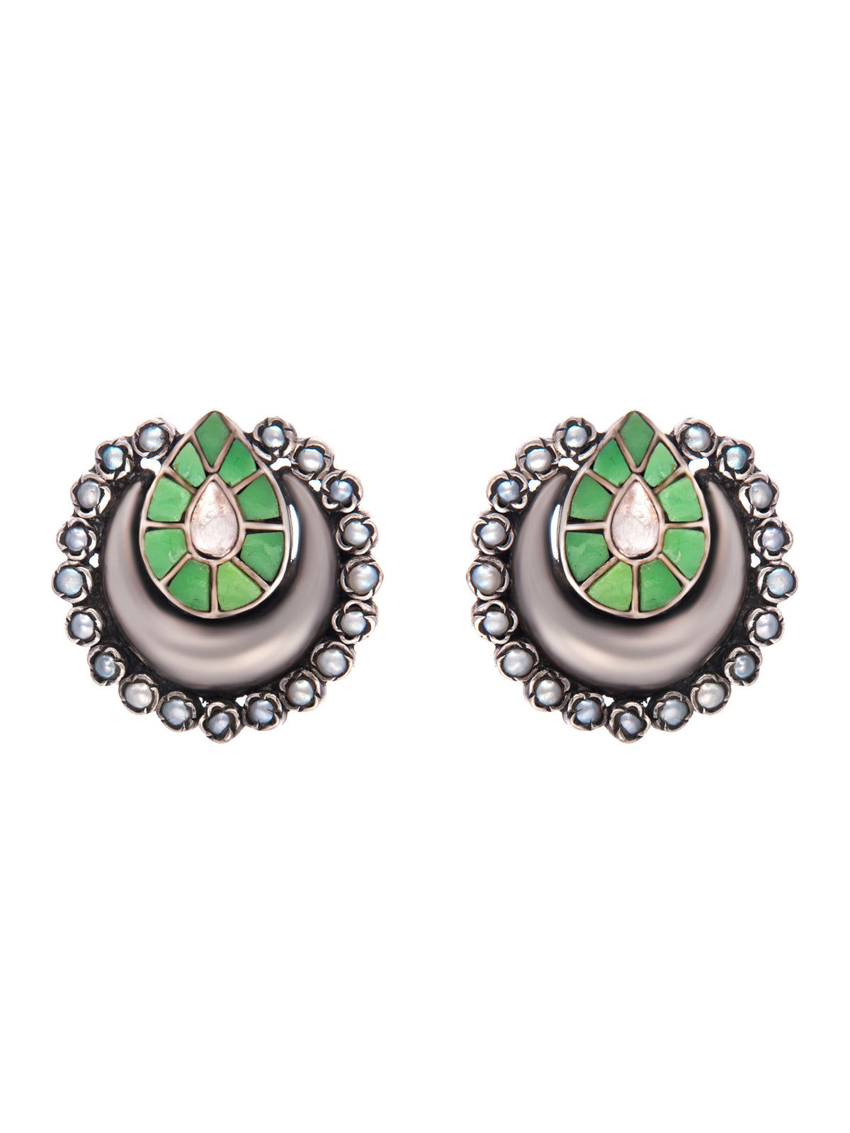 Silver Green White Kundan Studs view 3