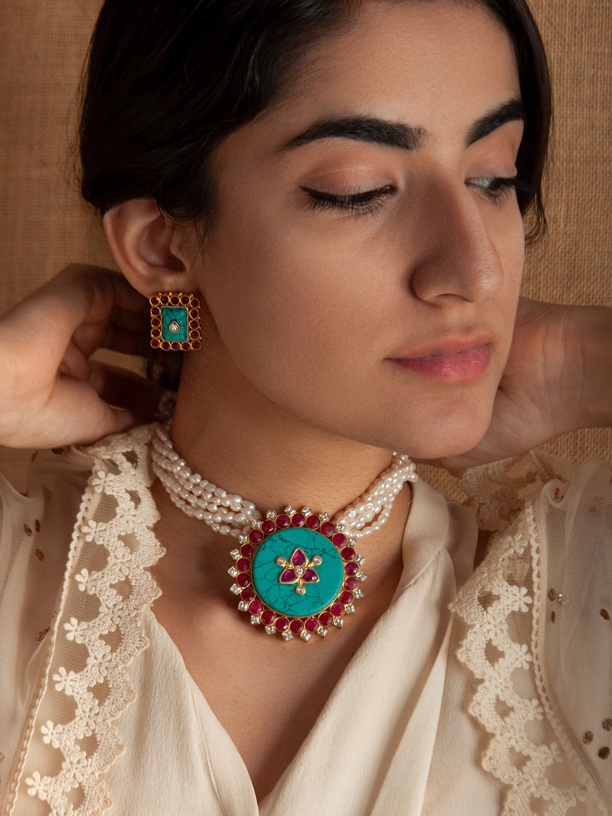 925 Sterling Silver 22K Gold Plated Pearl Beaded Necklace With Turquoise, Ruby Gemstone view 2