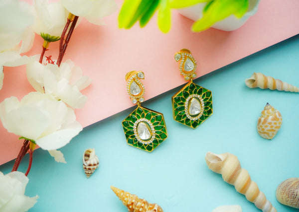 925 Silver Gold Plated Green Paisley Kundan Earrings
