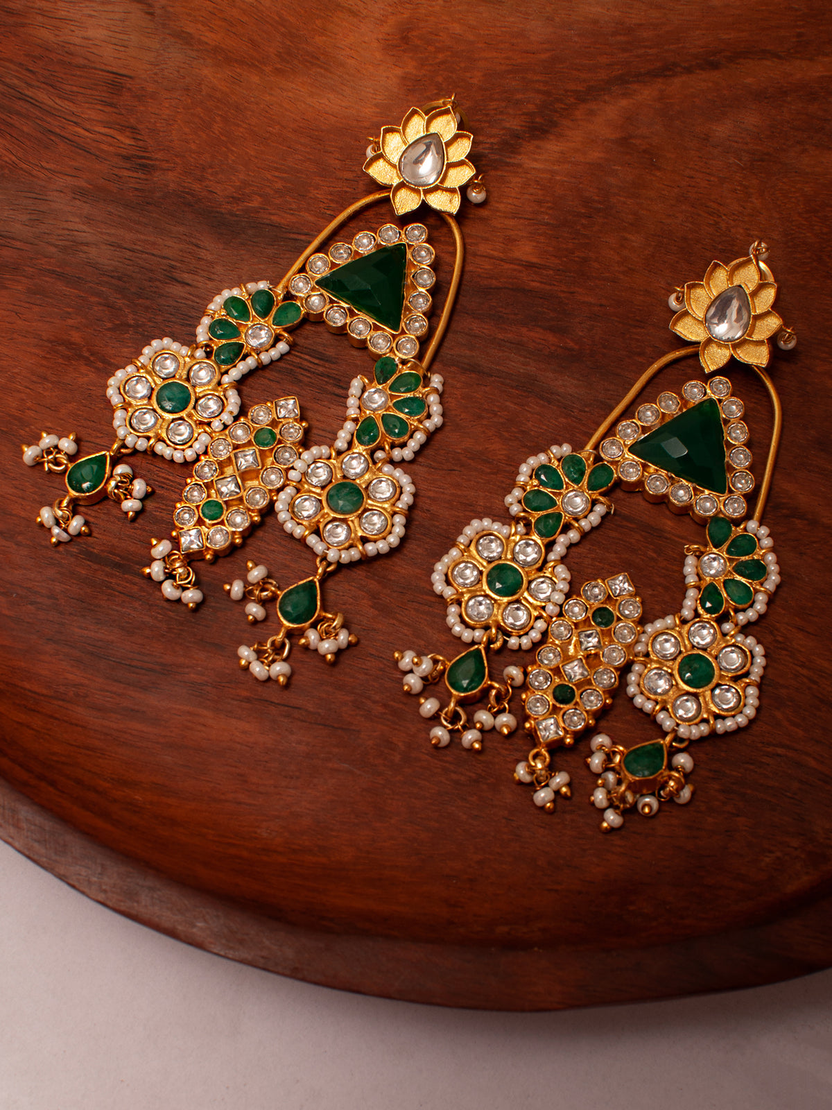 925 Sterling Silver 22K Gold Plated Green Onyx Danglers Earrings With Pearl And White Kundan view 5