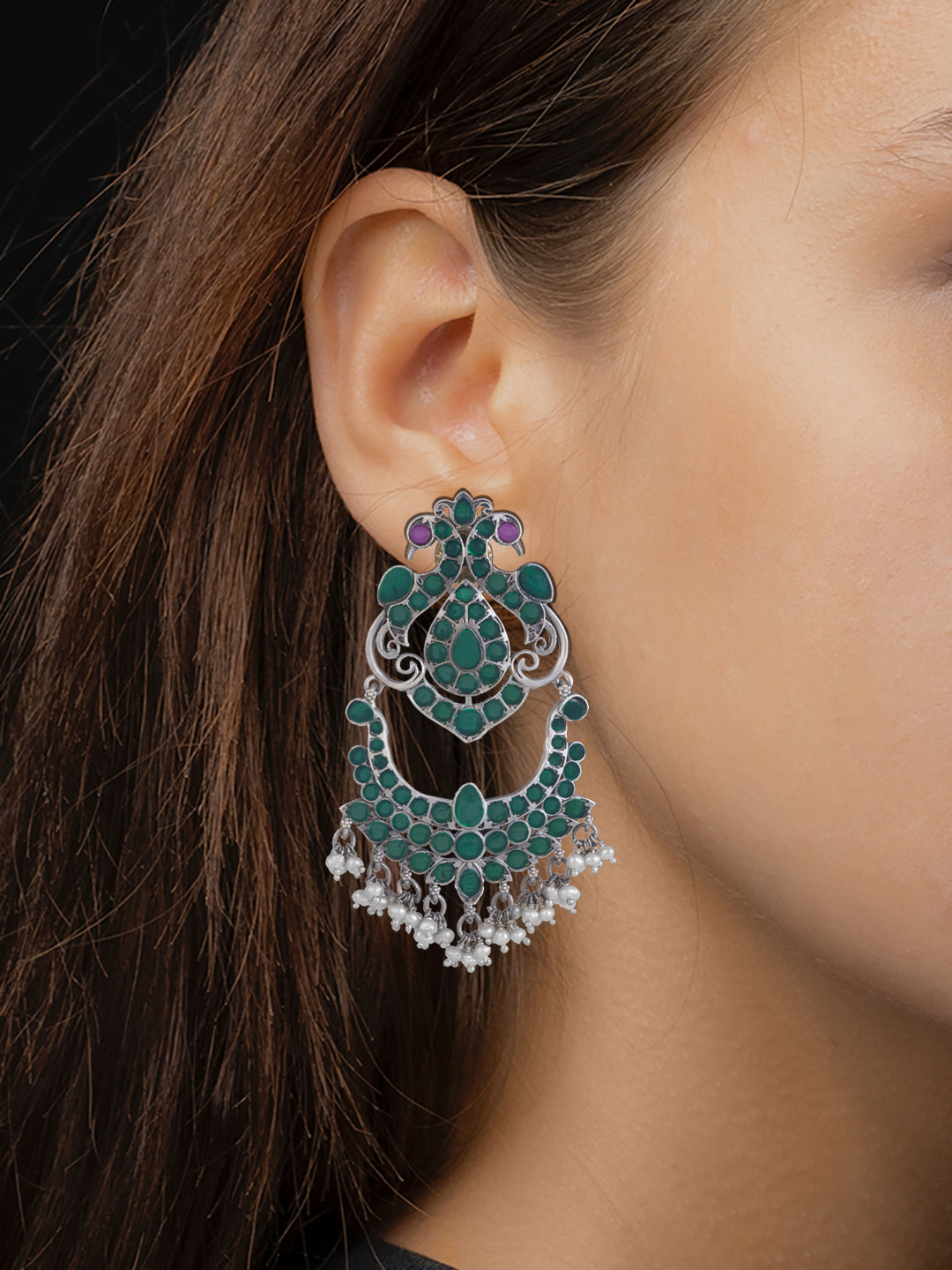 Green Peacock Earrings with Kundan and Freshwater Pearl view 2
