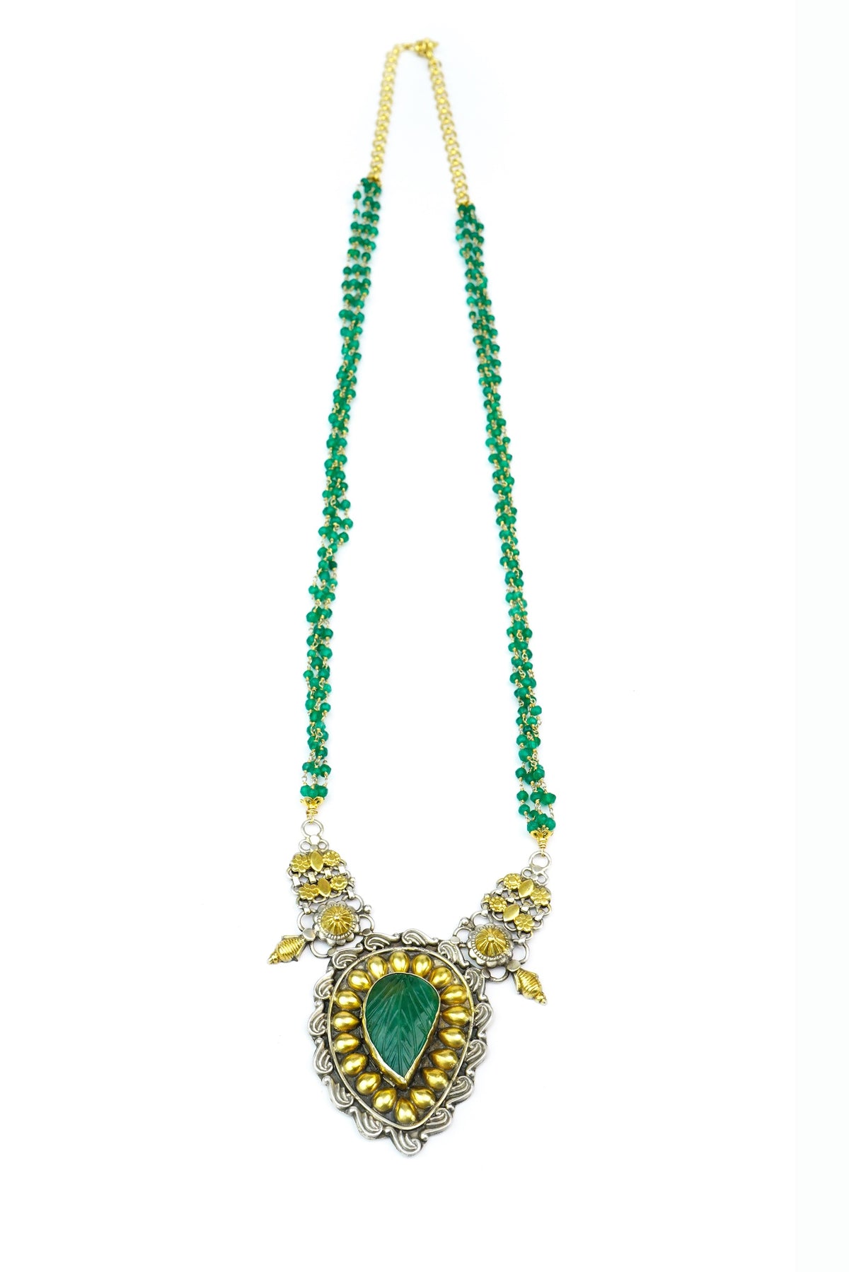 Silver Two Tone Necklace with Green Stone and Emerald Beads view 2