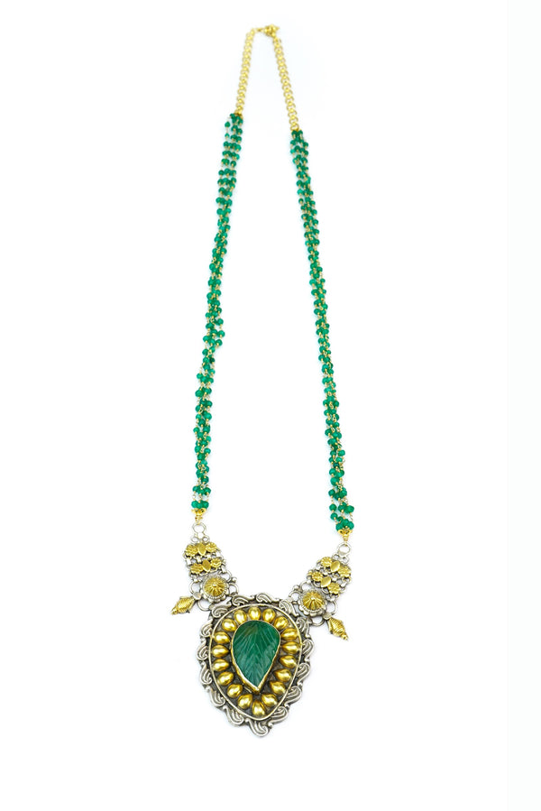 Silver Two Tone Necklace with Green Stone and Emerald Beads alternate
