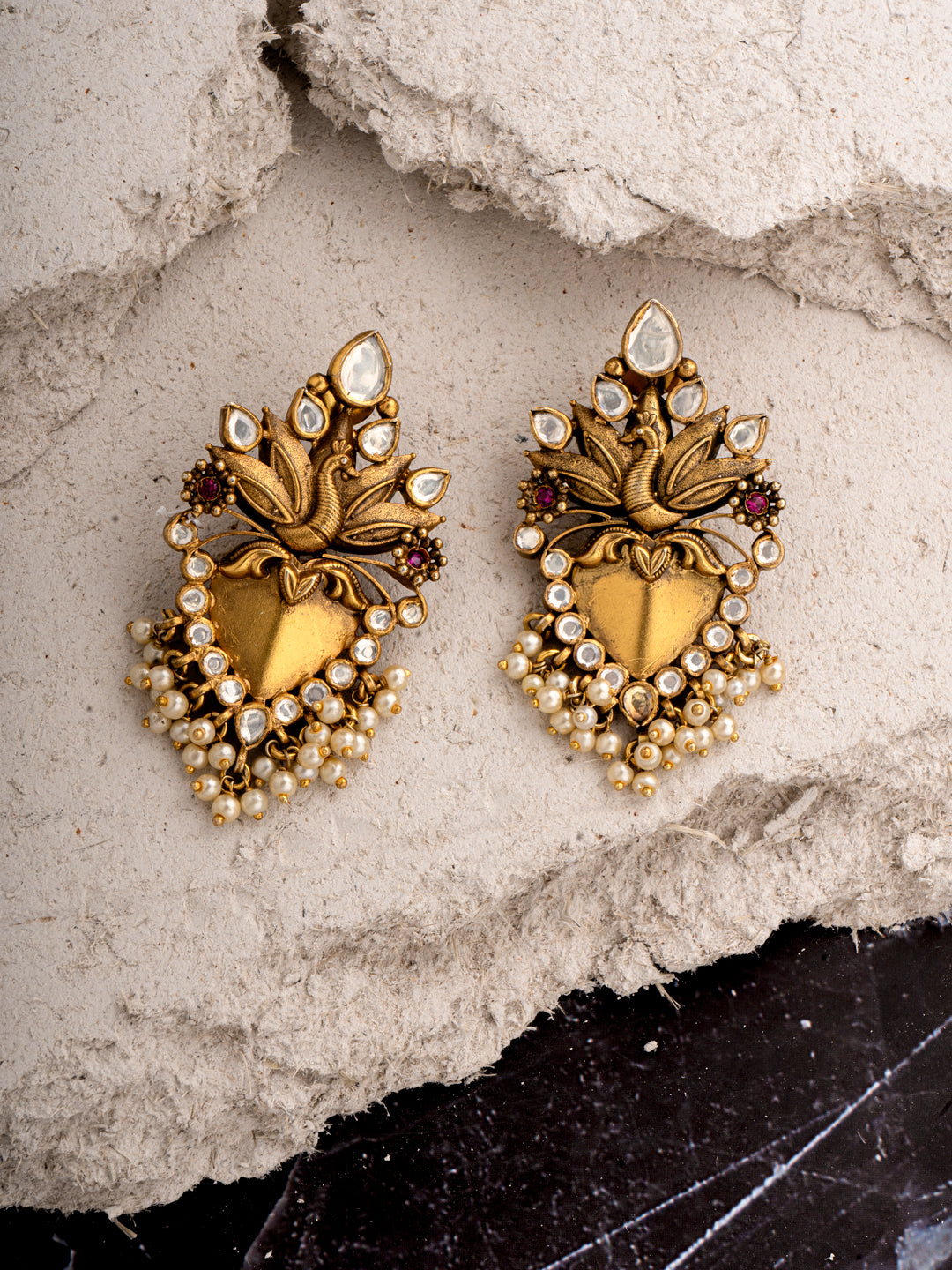 925 Sterling Silver Gold Plated Kundan Twin Peacock Earringss view 3