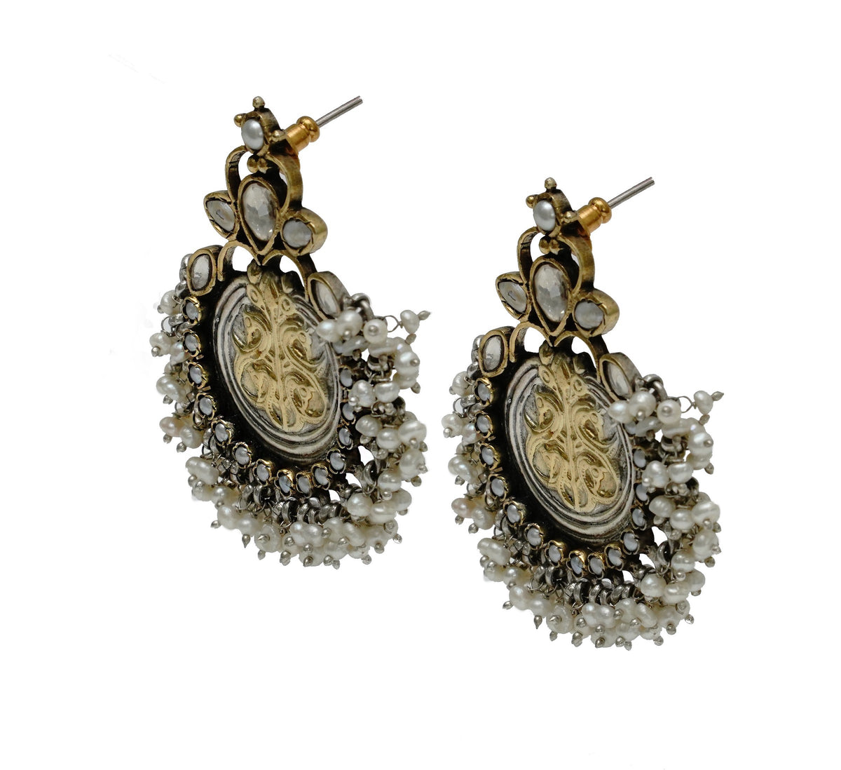 925 Silver Two Tone Earrings with Pearls and Kundan view 4