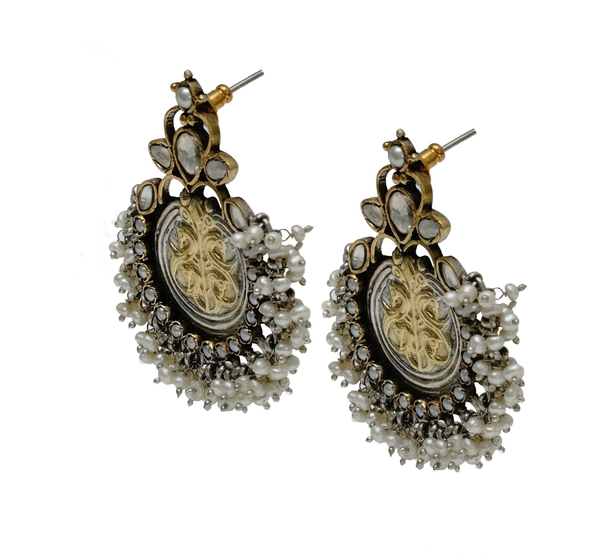925 Silver Two Tone Earrings with Pearls and Kundan - Neeta Boochra Jewellery