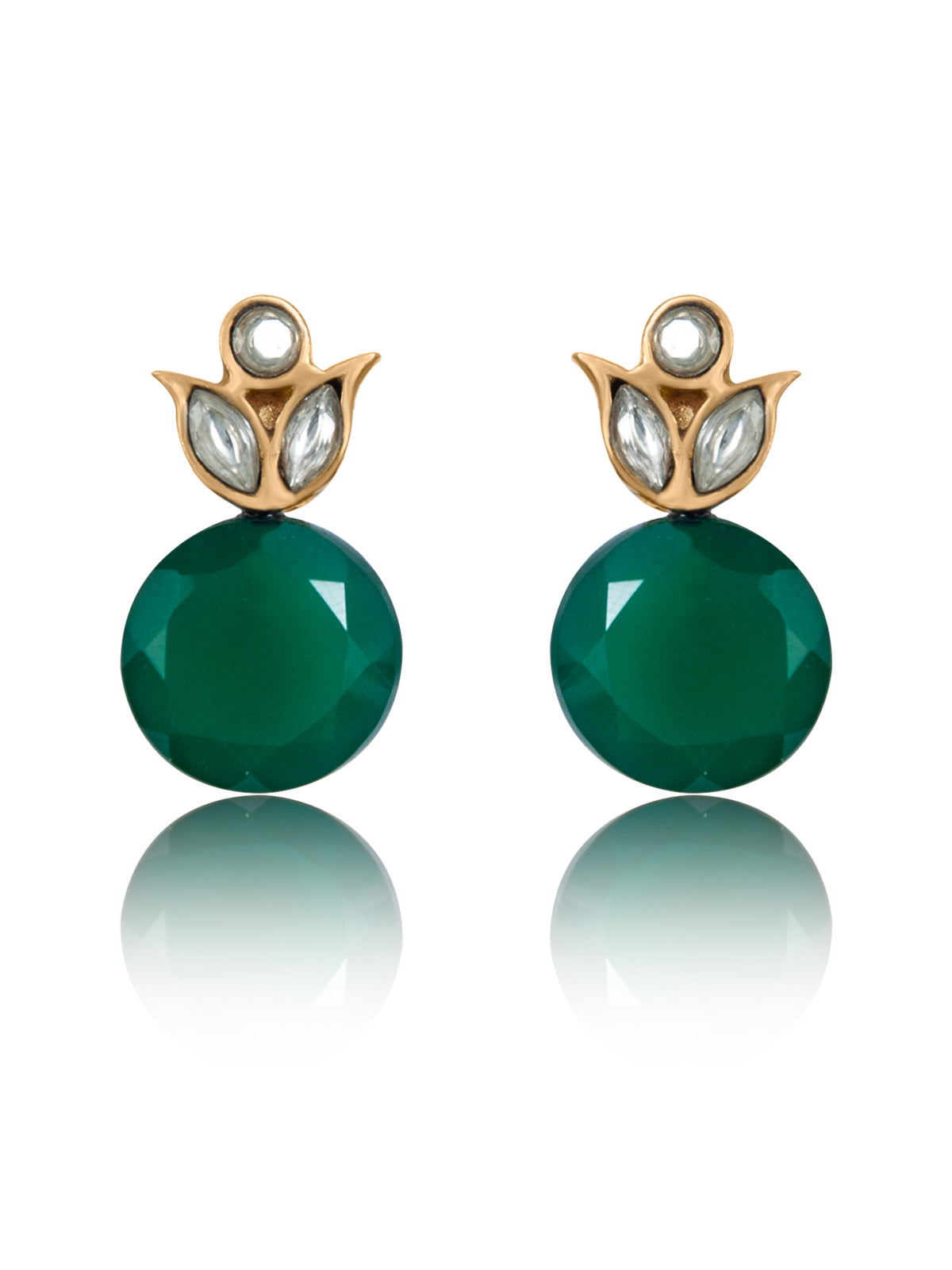 925 Sterling Silver Kundan Floral Studs with Green Onyx view 3