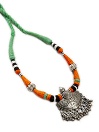 Silver Orange Green Necklace with Ghungroo view 4