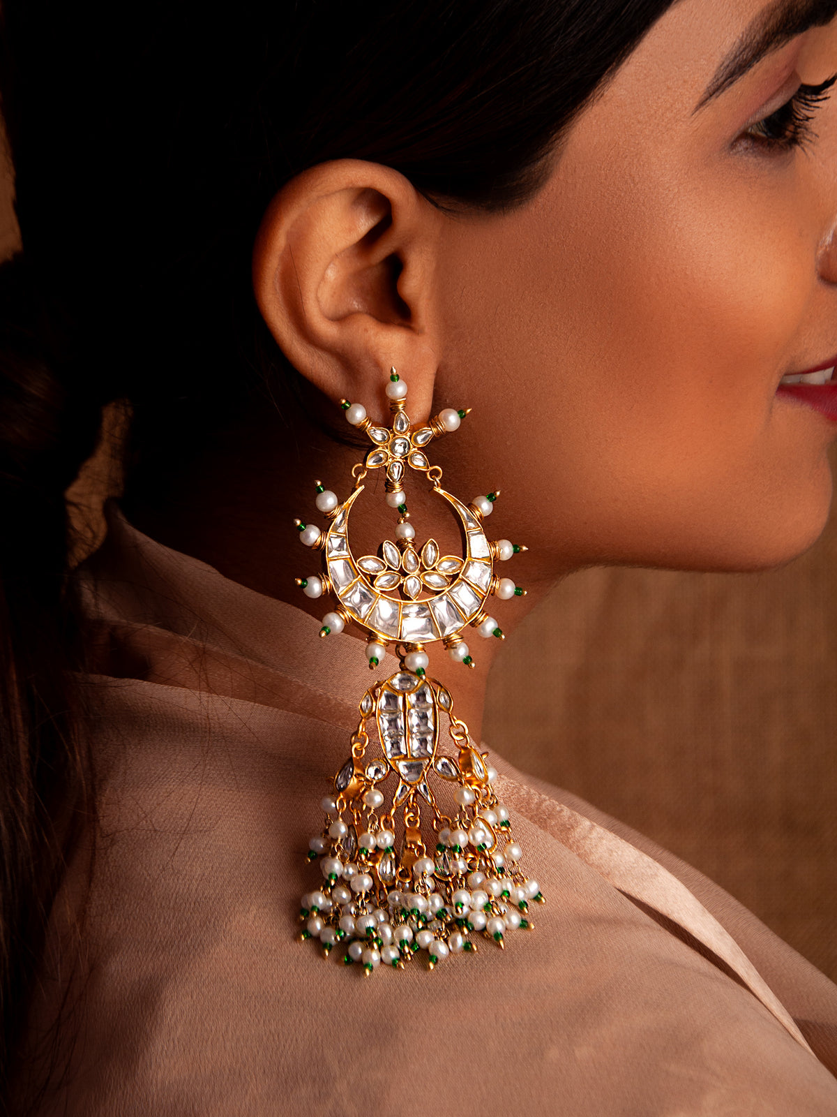 Svarnim Festive Statement Earrings with Pearl and Kundan view 1