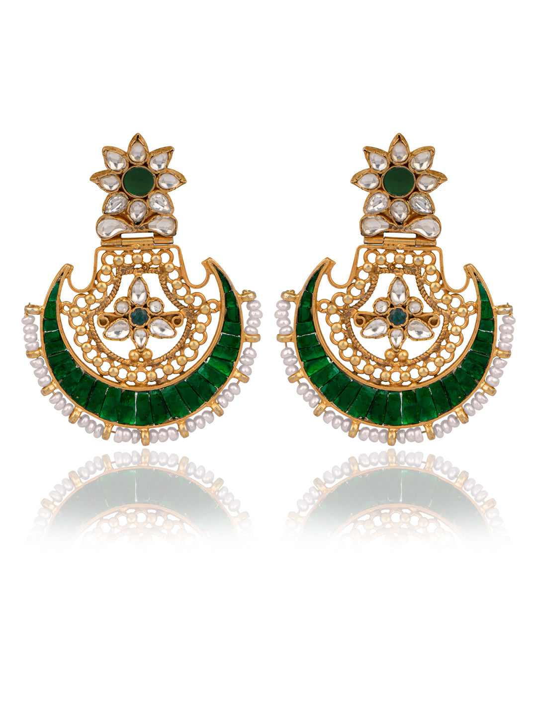 925 Sterling Silver Gold Plated Kundan Chaandbali Earrings view 1