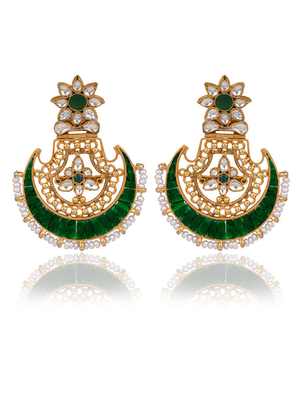925 Sterling Silver Gold Plated Kundan Chaandbali Earrings