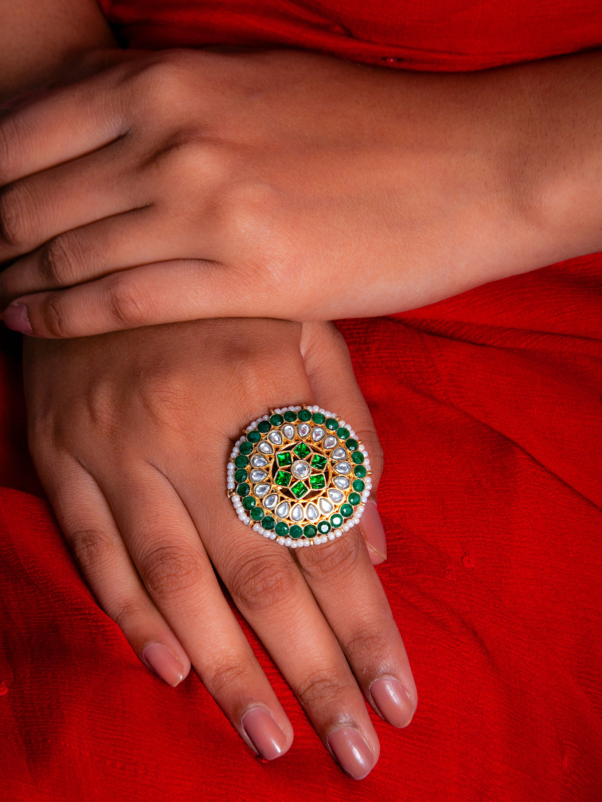 Svarnam Round Kundan Ring view 2