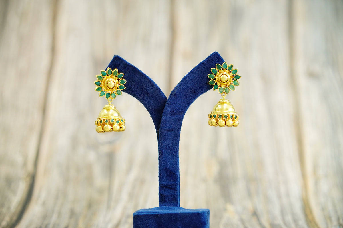 925 Silver Gold Plated Kundan Jhumki Earrings with Natural Green Gemstone view 1