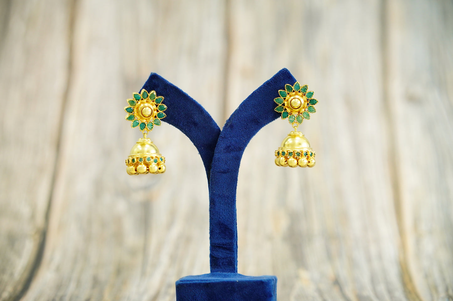 925 Silver Gold Plated Kundan Jhumki Earrings with Natural Green Gemstone - Neeta Boochra Jewellery