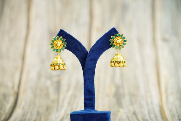 925 Silver Gold Plated Kundan Jhumki Earrings with Natural Green Gemstone